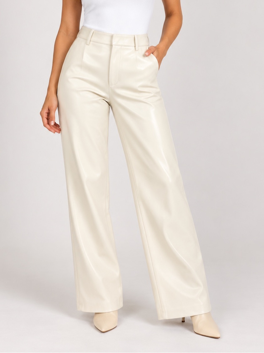 Mango Cream Wide-Leg Vegan Leather Pants